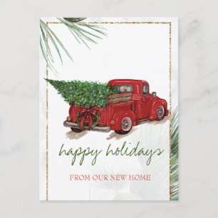 We Have Moved,Red Truck,Pine Tree Branches Holiday Announcement Postcard
