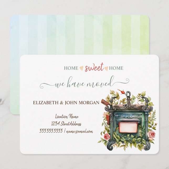 We Have Moved,Vintage Mailbox,Flowers,Striped (Front/Back)