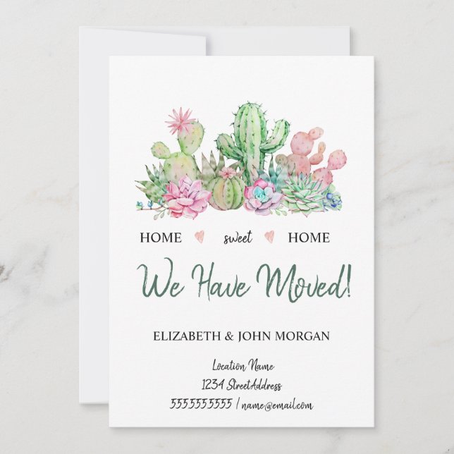 We Have Moved,Watercolor Flowers Cactus Succulent (Front)