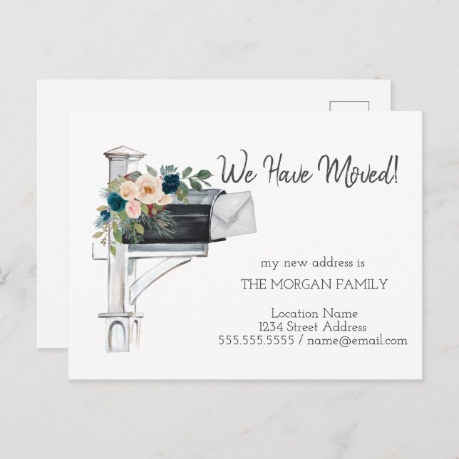 We Have Moved,Watercolor Mailbox Blue Flowers Announcement Postcard (Front/Back)