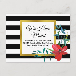 We Haved Moved Black and White Striped Red Flower Postcard