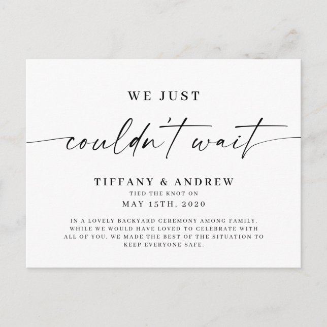 We Just Couldn't Wait Wedding Announcement Postcar (Front)