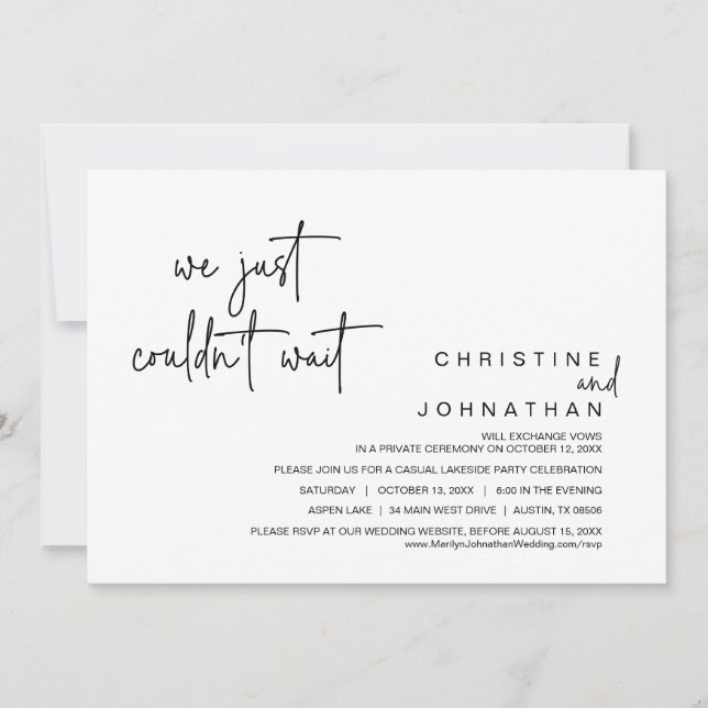 We just couldn't wait, Wedding Elopement Dinner Invitation (Front)