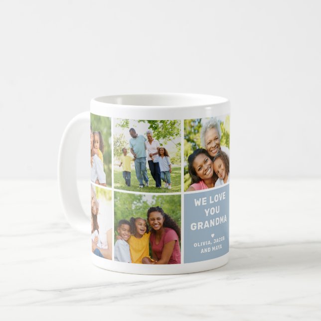 We Love Grandma Modern Dusty Blue Photo Collage Coffee Mug (Front Left)