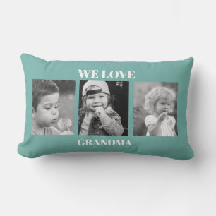 We Love Grandma Photo Collage Turquoise Lumbar Cushion