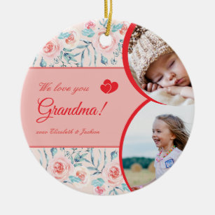 We Love Grandma Pink Floral Kid Photo Christmas Ceramic Tree Decoration