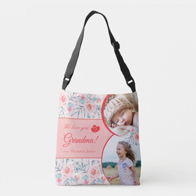 We Love Grandma Pink Floral Valentine's Day Photo Crossbody Bag (Back)