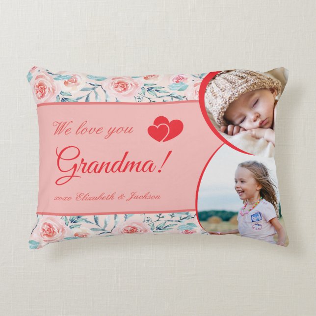 We Love Grandma Pink Floral Valentine's Day Photo Decorative Cushion (Front)