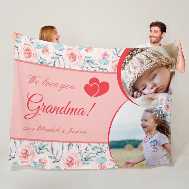We Love Grandma Pink Floral Valentine's Day Photo Fleece Blanket (In Situ)