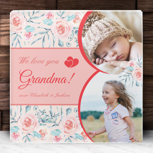We Love Grandma Pink Floral Valentine's Day Photo Glass Coaster