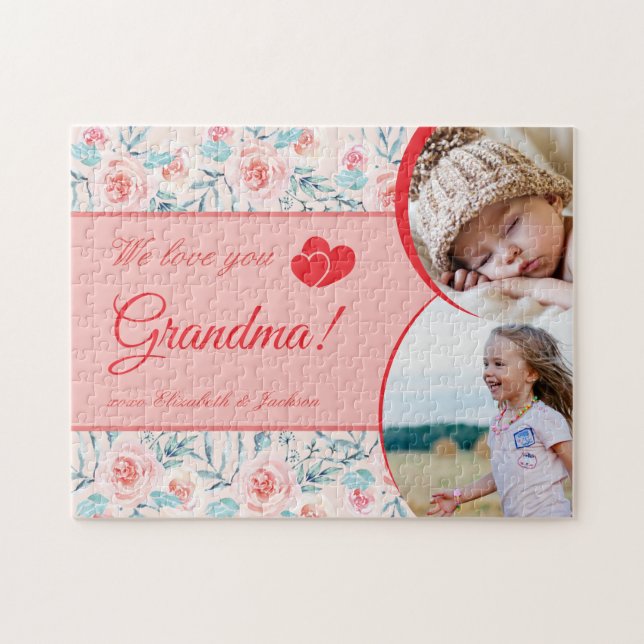 We Love Grandma Pink Floral Valentine's Day Photo Jigsaw Puzzle (Horizontal)