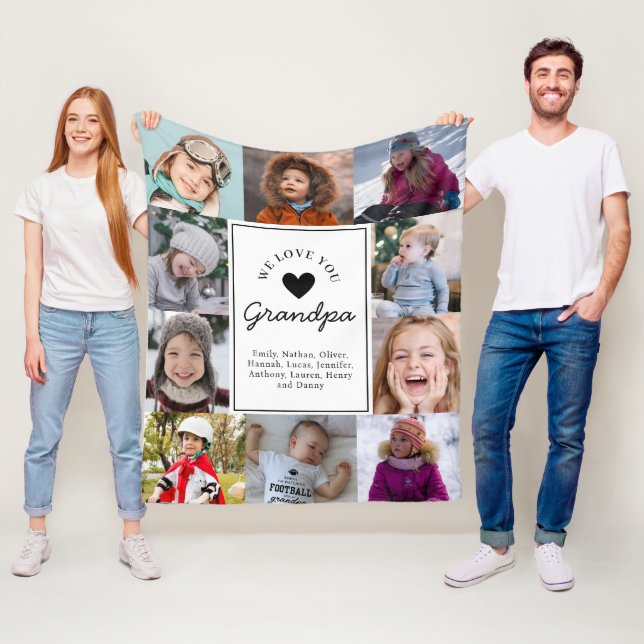 We Love Grandpa Photo Collage Handwritten Script Fleece Blanket (In Situ)