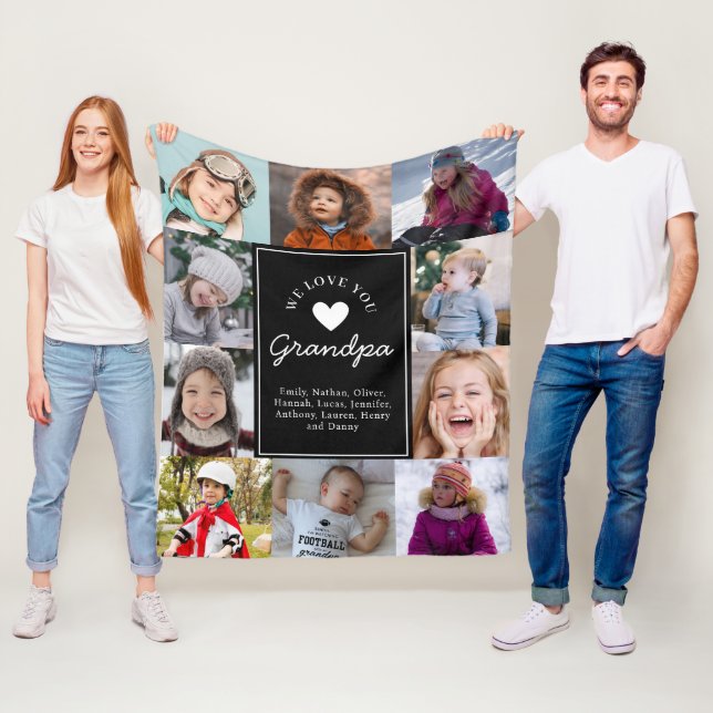 We Love Grandpa Photo Collage Handwritten Script Fleece Blanket (In Situ)