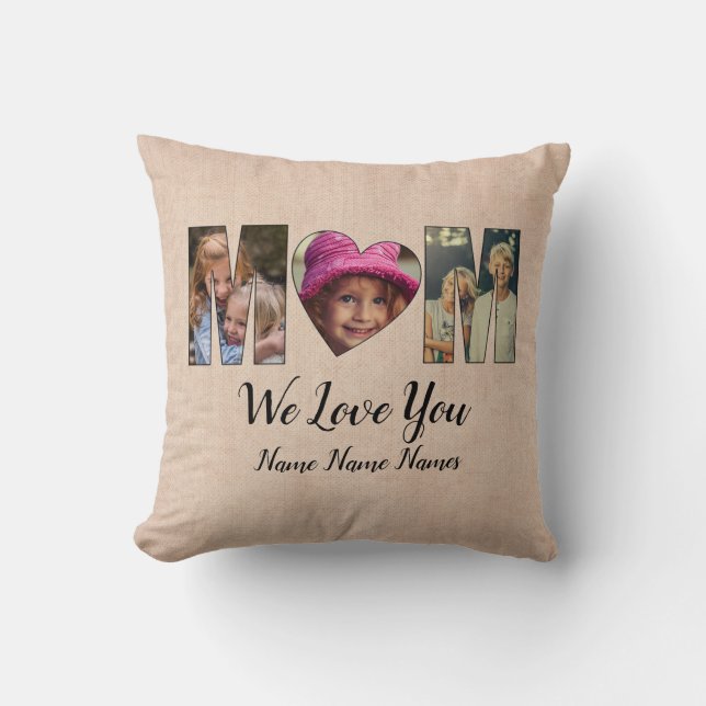 We Love Heart Mum Add Photos Names Text Throw Pill Cushion (Front)