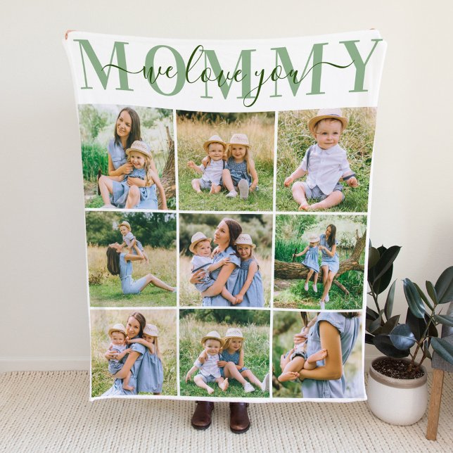 We Love Mummy Green Mother's Day Photo Collage Fleece Blanket (Creator Uploaded)
