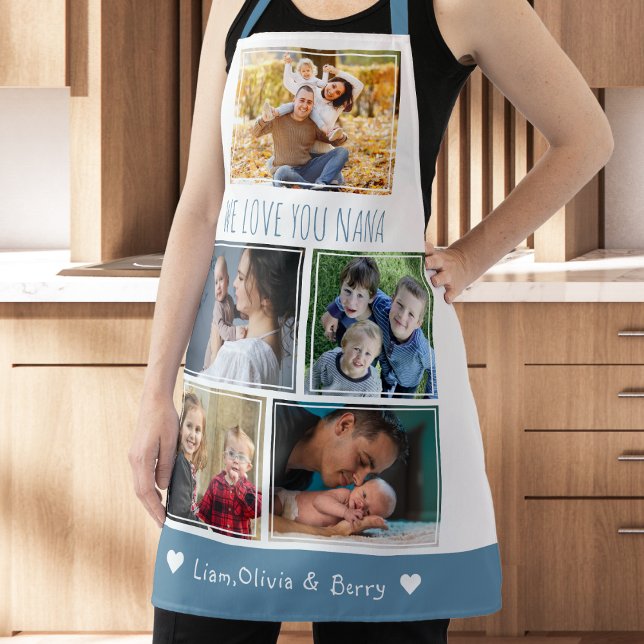 We Love Nana Grandkids 5 Photo Blue And White Apron (We Love Nana Grandkids 5 Photo Blue And White Apron)