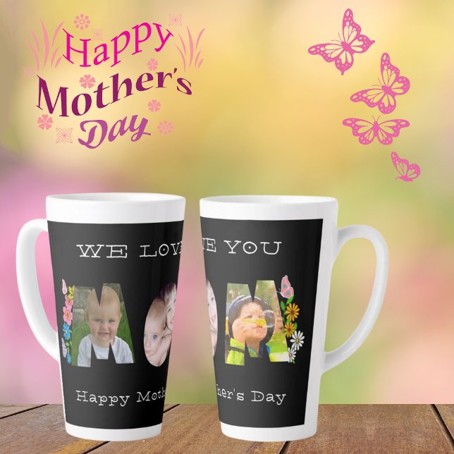 We Love U Mum! Mother's Day Butterfly Photo-Name Latte Mug (Creator Uploaded)