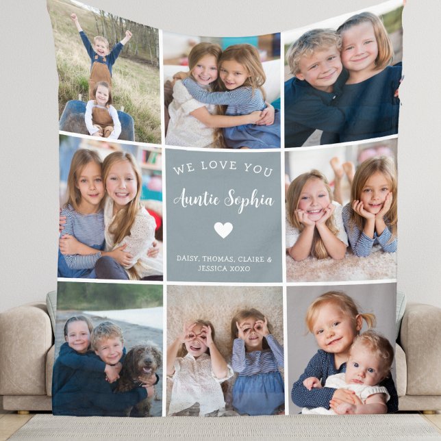 We Love You Auntie Photo Collage Simple Blue Fleece Blanket (Creator Uploaded)