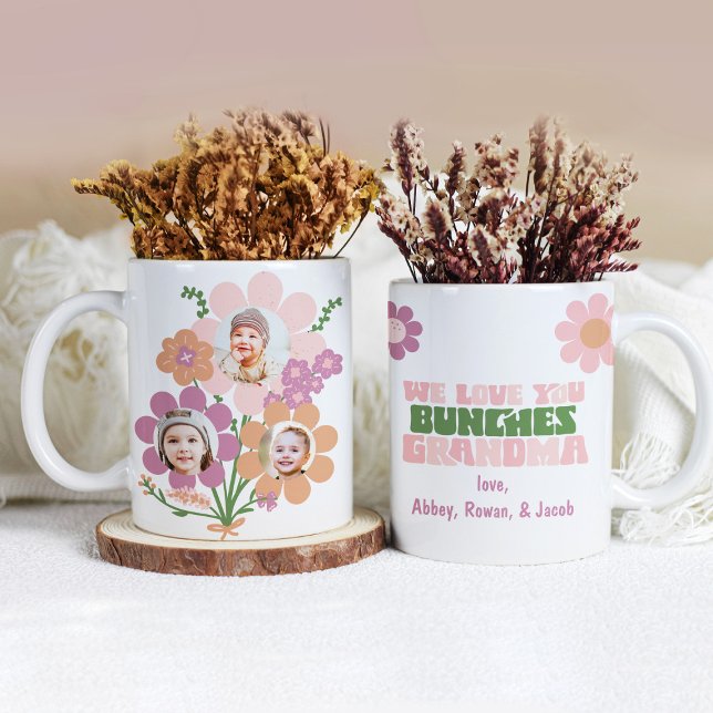 We Love You Bunches Grandma Gift Custom Photo Mug (Mockup of mug shows both sides of the design.  Personalize with custom photos and names!)
