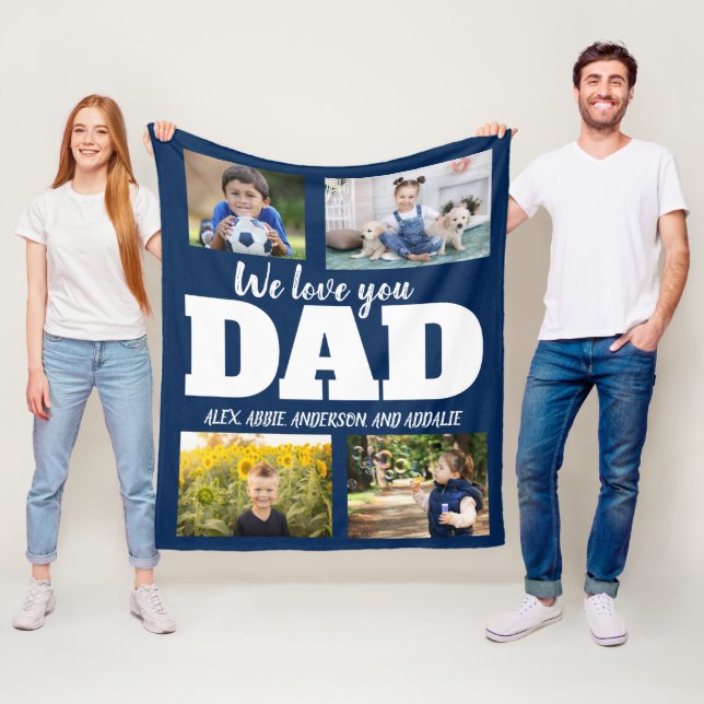 We Love You Dad Navy Blue 4 Photo Child Family Fleece Blanket (In Situ)