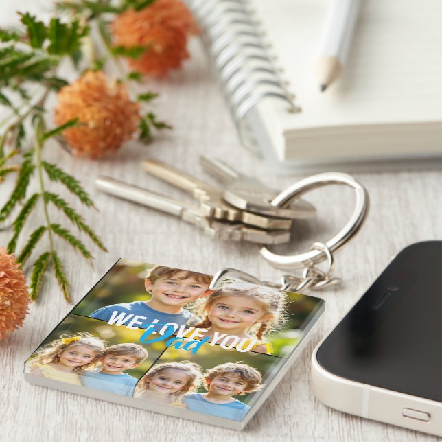 We Love You Dad Photo Collage Blue Yellow Script  Key Ring (Front Right)