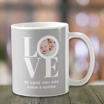 We Love You Dad Photo Grey Coffee Mug<br><div class="desc">This We Love You Dad Photo Mug is decorated with the word LOVE in white typography on a grey background.
Easily customisable with your photo and name.
Makes a great gift for Dad.</div>