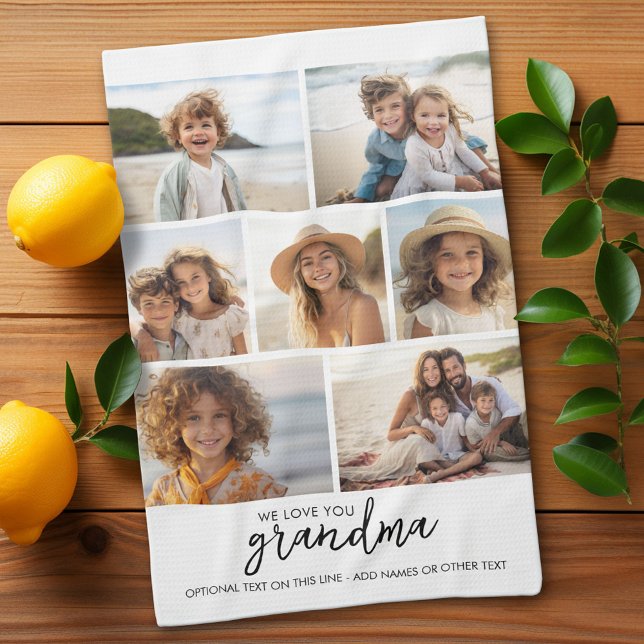 We Love You Grandma - 7 Photo Collage - Modern Tea Towel (Custom Kitchen Towel with Photo Collage)