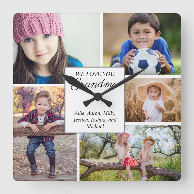 We Love You Grandma Custom 5 Photo Child Family Square Wall Clock (Front)