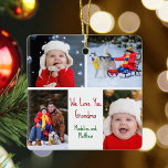 We Love You Grandma Custom Cute Kids Photo Collage Ceramic Ornament<br><div class="desc">This cute, custom two-sided Christmas ornament features a modern layout of 4 family photos on a white background with red and green typography reading We Love You Grandma. This beautiful grandkids photo gift features your own photograph collage surrounding your personalised message and names for your grandmother. Add a 5th picture...</div>