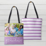 We Love You Grandma Custom Photo Mother's Day Gift Tote Bag<br><div class="desc">Custom 2-sided reversible tote bags personalised with your photos and text. Add a special photo with your mother or grandmother for Mother's Day. Text reads "We Love You Grandma" or customise it with your own message. Back side has a chic stripe pattern or use the space for additional photos and...</div>