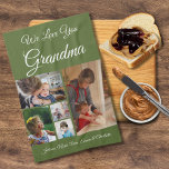 We Love You Grandma | Elegant Olive Green 5 Photo Tea Towel<br><div class="desc">Elegant 5 photo collage kitchen towel with customisable we love you grandma script typography and personalised with grandkids names on customisable olive green background.</div>