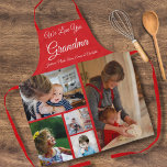 We Love You Grandma | Elegant Red 5 Photo Apron<br><div class="desc">Elegant 5 photo collage apron with customisable we love you grandma script typography and personalised with grandkids names on customisable red background.</div>