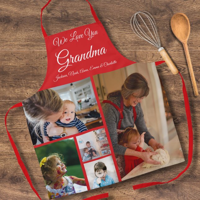 We Love You Grandma | Elegant Red 5 Photo Apron (Creator Uploaded)