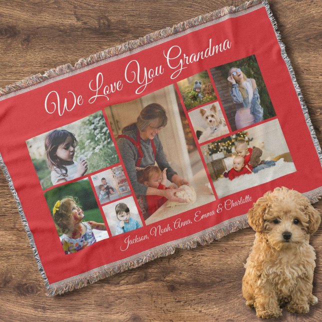 We Love You Grandma | Elegant Red 9 Photo Throw Blanket (Creator Uploaded)