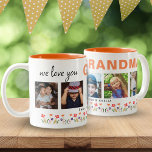 We love you Grandma Flowers 5 Photos Keepsake Two-Tone Coffee Mug<br><div class="desc">Cute We love you Grandma Flowers 5 Photos Keepsake Two-Tone Coffee Mug. Hand-drawn flowers in beautiful spring colours and 5 photos of grandchildren. The text We love you Grandma is in modern and trendy black script and orange bold font. Create your own personalised gift for a grandmother for Mother`s Day,...</div>