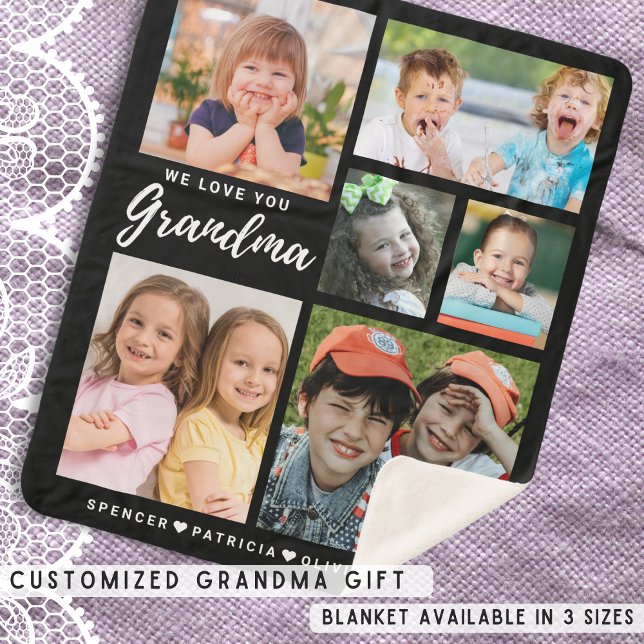 We Love You Grandma Grandkids 6 Photo Collage   Sherpa Blanket (We Love You Grandma Grandkids 6 Photo Collage Sherpa Blanket-Grandma Gift)