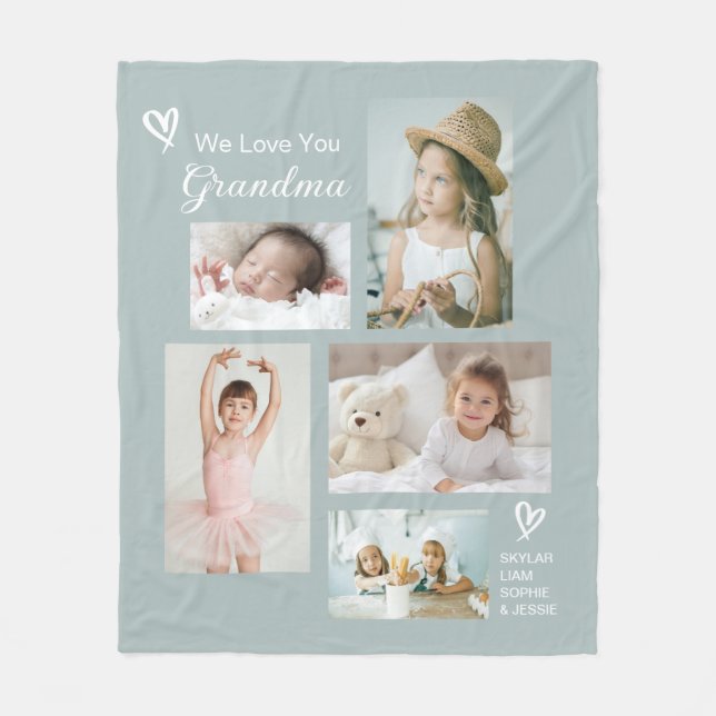 We Love You Grandma Grandkids Photo Collage Fleece Blanket (Front)