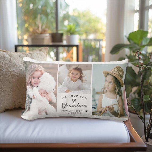 We Love You Grandma Grandkids Photo Collage Lumbar Cushion (Personalize with 3 favorite photos and your text.)