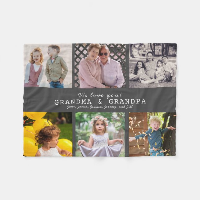We Love You Grandma & Grandpa 6 Photo Dark Grey Fleece Blanket (Front (Horizontal))