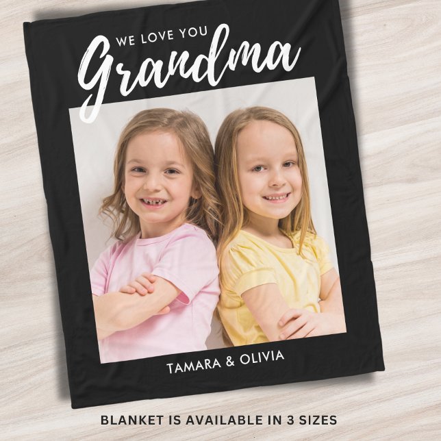 We Love You Grandma One Photo Personalised Black Fleece Blanket (Creator Uploaded)