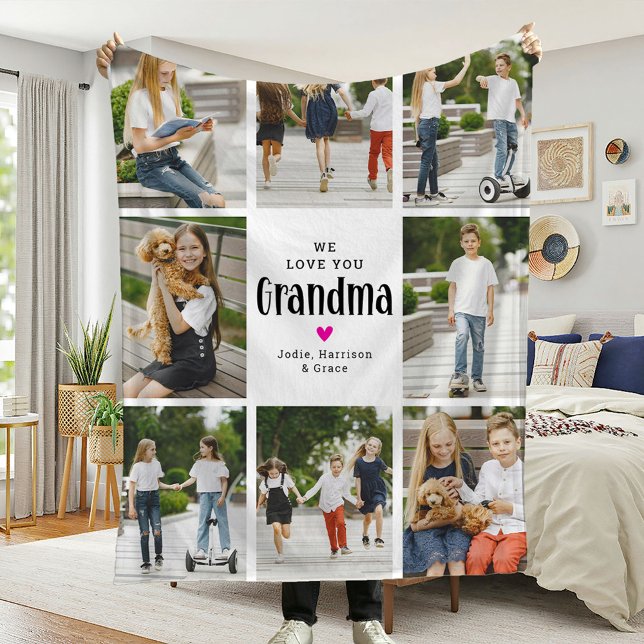 We Love You Grandma Photo Collage Gift Fleece Blanket (Creator Uploaded)