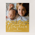 We Love You Grandma Photo Jigsaw Puzzle<br><div class="desc">Personalised grandmother picture puzzle featuring a precious family photo,  a mustard yellow heart border design,  the saying "we love you grandma",  and the grandchildrens names.</div>