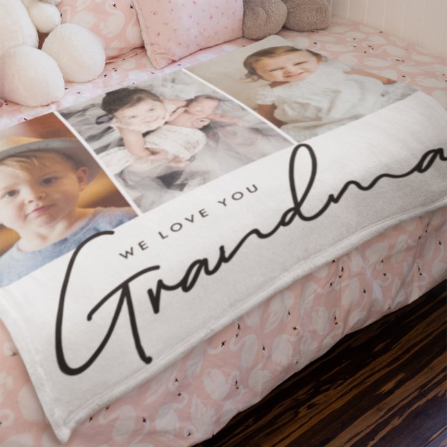 We love you Grandma Script 3 photos Personalised Fleece Blanket (We love you grandma photo blankets of grandkids.)