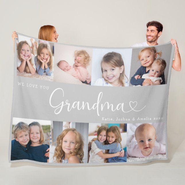 We Love you Grandma Script 8 Photo Modern Fleece Blanket (In Situ)