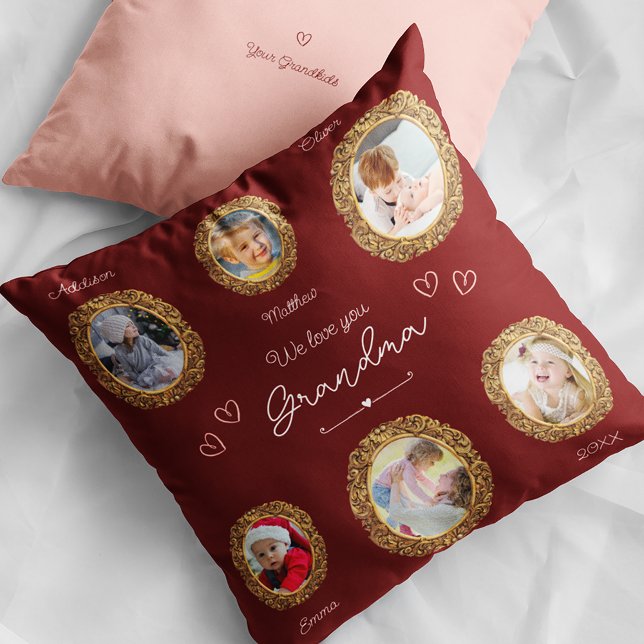 We Love You Grandma Six Photo with Text Red Heart Cushion (Creator Uploaded)