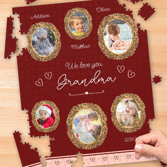 We Love You Grandma Six Photo with Text Red Heart Jigsaw Puzzle (Creator Uploaded)