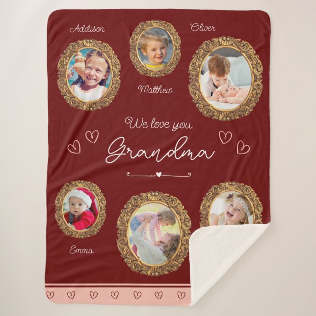 We Love You Grandma Six Photo with Text Red Heart Sherpa Blanket (Front)