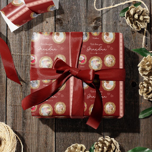 We Love You Grandma Six Photo with Text Red Heart Wrapping Paper (Creator Uploaded)