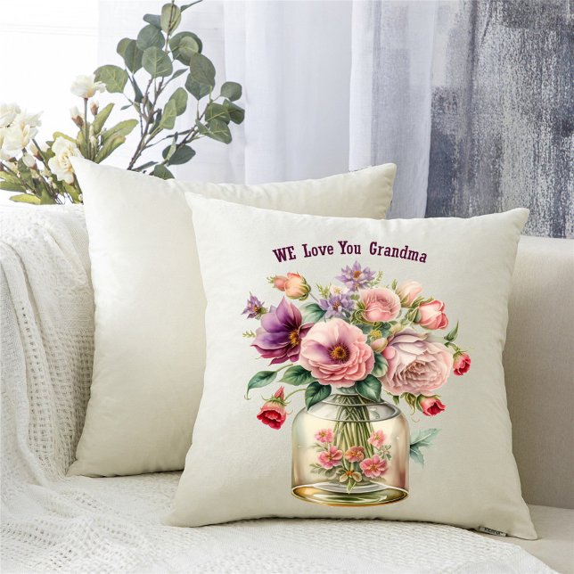 We Love You Grandma Vase of Flowers Add Photo Cushion (Creator Uploaded)
