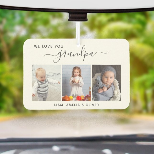 We Love You Grandpa 3 Photo Gray Script Car Air Freshener (Creator Uploaded)